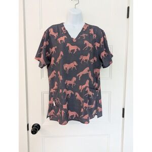 Carhartt Womens Scrub Top L Modern Fit Horse Print Grey Pink V-Neck C12114 NWOT
